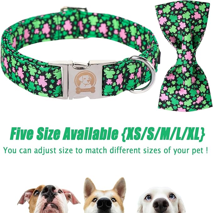 MR. CHUBBYFACE St.Patrick's Pink Green Clover Dog Collar with Bowtie, Cute Clovers Shamrock Metal Buckle Dog Collar, Adjustable Shamrock Pet Collar with for Small Medium Large Dogs