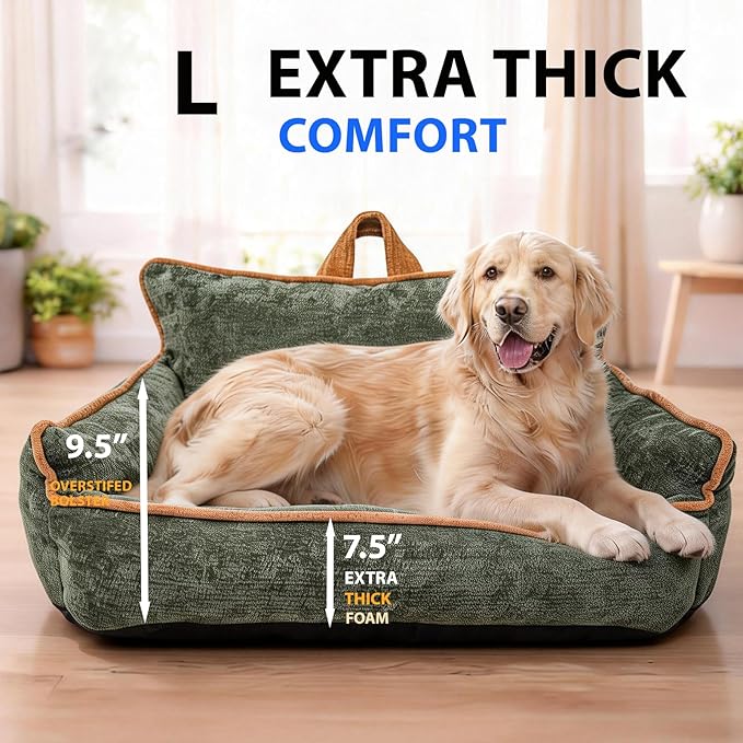 Large Orthopedic Dog Sofa Bed with Sides, Carry Handle & Side Pockets .Plush Chenille Orthopedic Pet Bed Couch for Large Dogs.Portable Snuggler for Indoor Use, Travel & Recovery (Green)
