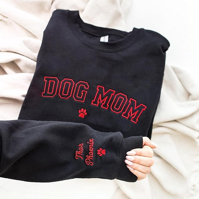 NAZENTI Custom Dog Mom Embroidered Sweatshirt with Pet Name on Sleeve, Fur Mama, Dog Lover Gifts