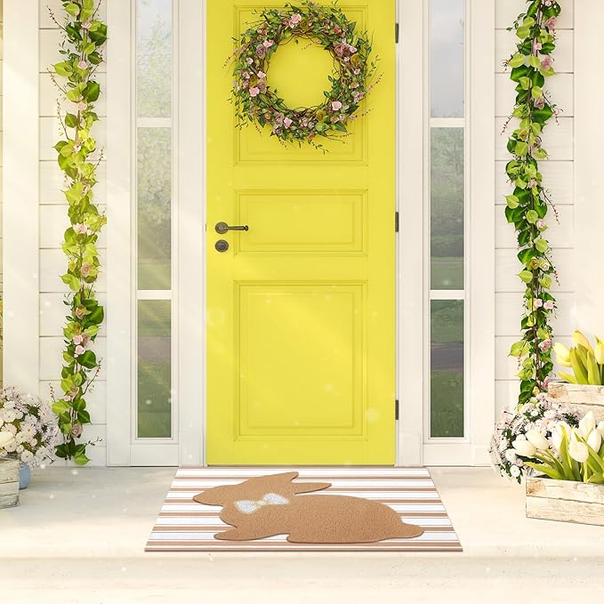Tinideya 2 Pcs Bunny Door Mat Rabbit Welcome Non Slip Coir Mats Brown and White Stripe Floor Layering Doormats Seasonal for Front Porch Entryway Decor(Rabbit)