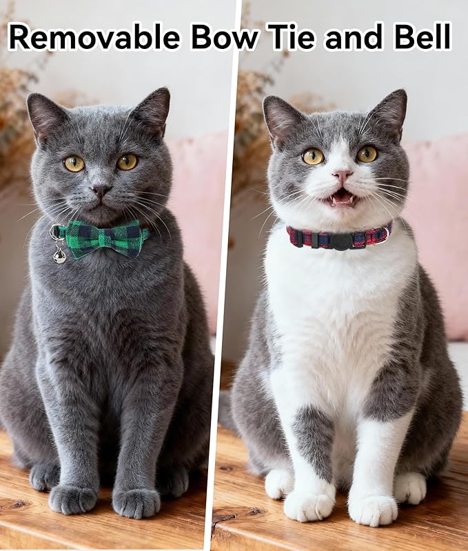 Joytale Upgraded Cat Collar with Bells, Breakaway Cat Collars with Bow Tie, 2 Pack Girl Boy Safety Plaid Kitten Collars, Green+Red