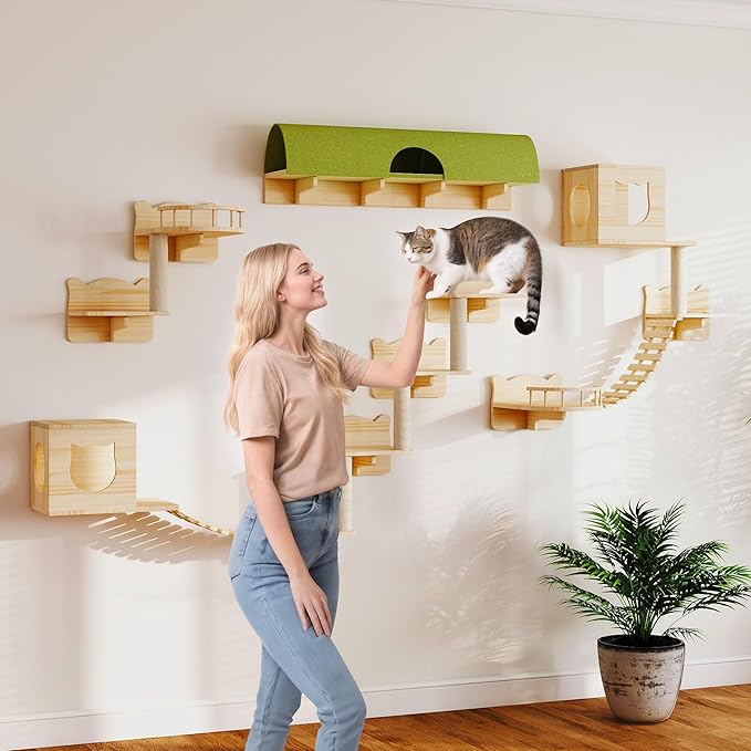 18-in-1 Cat Wall Shelves, Cat Wall Furniture Pine Wooden Wall Mounted Cat Shelf, Floating Cat Shelves Set and Perches, Condos, House, Steps, Bridge Ladder, Scratching Post and Tunnel