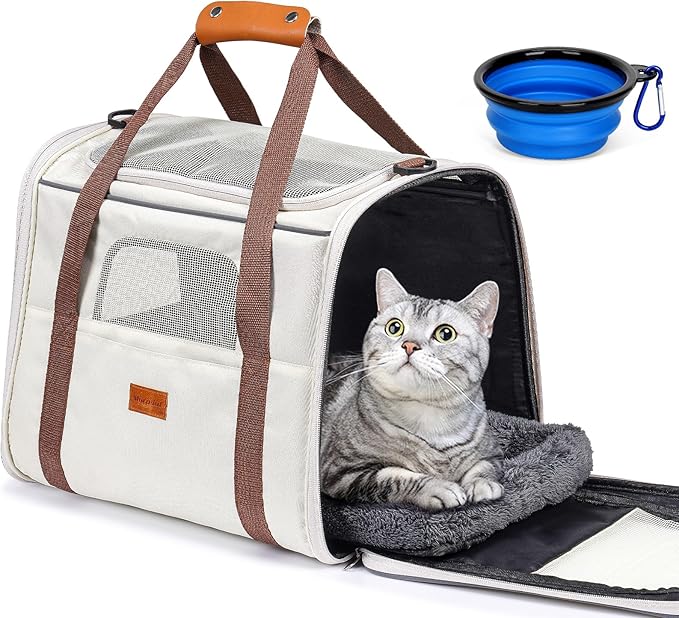 Morpilot Cat Carrier - Soft Sided Cat Carrier Large for Big Medium Cats and Puppy up to 18lbs, Pet Carrier with Safety Zippers, Foldable Bowl, Airline Approved Large Dog Carrier - Beige
