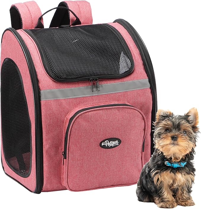 Petique The Backpacker Pet Carrier - Coral: for Small Dogs/Cats/Pets, Storage Pocket, Luggage Handle Slit, Leash Inside, Adjustable Straps, Reversible Mat, 3 Entryways, Folds Flat, Reflective Strip