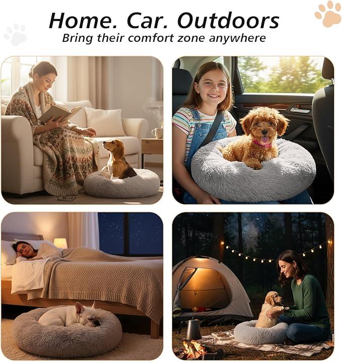 JOLLYVOGUE Calming Dog Bed Large Size Dog, Anti-Anxiety Donut Large Pet Bed, 36 inches Fluffy Faux Fur Round Cat Bed, Fits up to 75 lbs Pets (Smoke Grey)