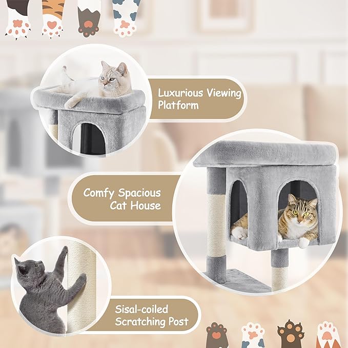 Yaheetech 33.5in Cat Tree Tower for Indoor Cats w/2 Cozy Plush Condos, Oversized Perch & Sisal Scratching Posts, Stable Cat Stand House for Large Cats & Pets, Light Gray
