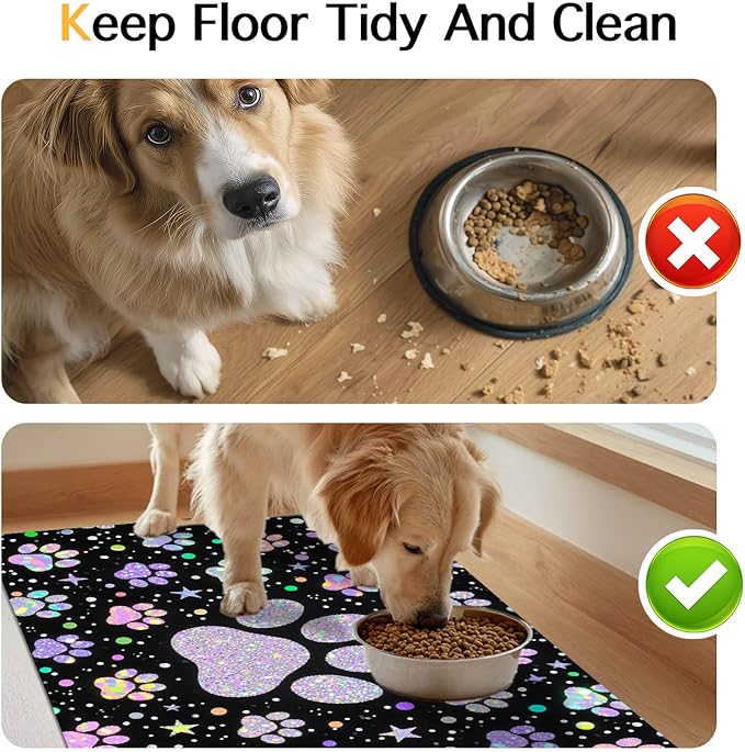 Pet Feeding Mat 24x16 inch Glitter Paw Print Pet Bowl Placemat Non Slip Floor Mat for Food and Water Indoor Pet Feeding Station Cute Meal Pad for Small Cats and Dogs Kitchen Use