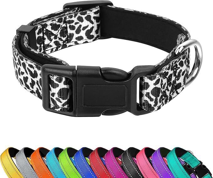 Reflective Dog Collar, Adjustable Soft Neoprene Padded Nylon Pet Collars with Buckle for Puppy and Small Dogs, Cats, Black White Cow,L