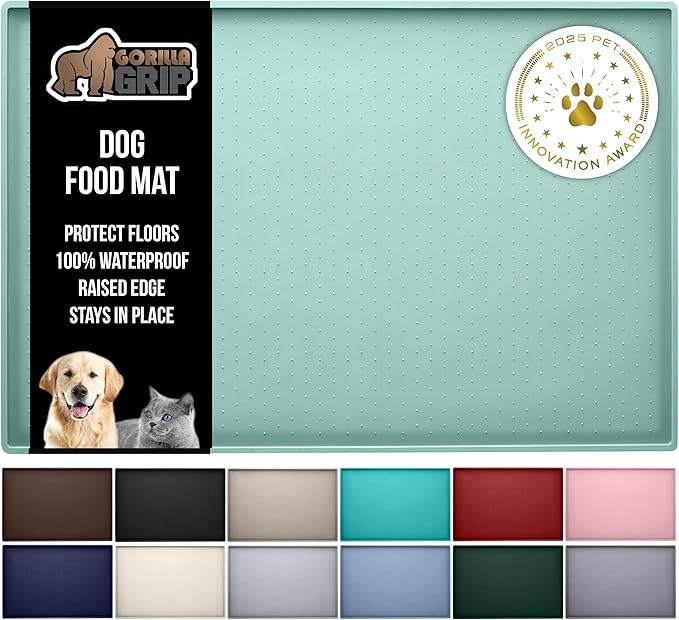 GORILLA GRIP 100% Waterproof Raised Edge BPA Free Silicone Pet Feeding Mat, Dog Cat Food Mats Contain Spills Protects Floors, Placemats for Cats and Dogs Water Bowl, Pets Accessories 28x18 Mint