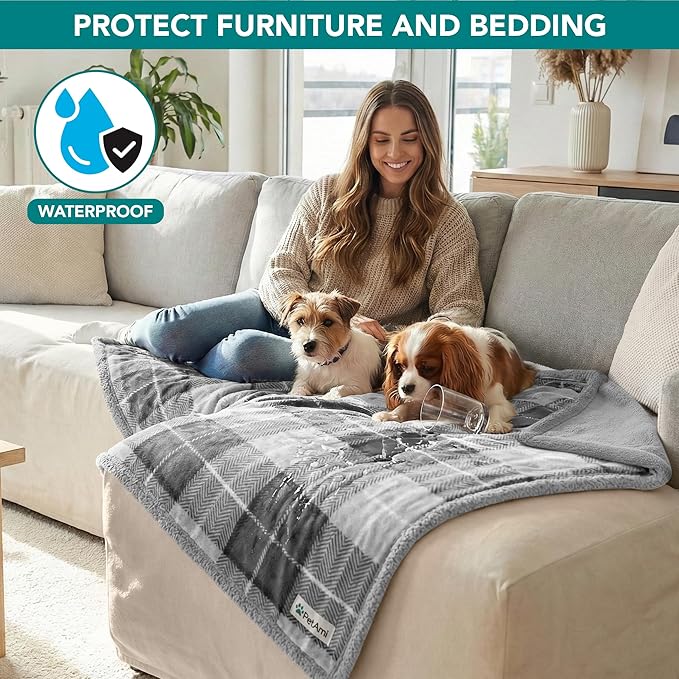 PetAmi Waterproof Dog Blanket for Medium Large XL Dog Puppy Cat Throw for Couch Cover Leakproof Protection, Sherpa Fleece, Reversible Soft Washable 80x60 Plaid Light Gray