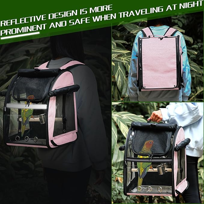 SUERTREE Bird Carrier Bag with Indestructible Stainless Steel Mesh, Bird Travel Cage with Stand, Easy to Clean Backpack for Parrot, Portable Bird Travel Bag, Pink