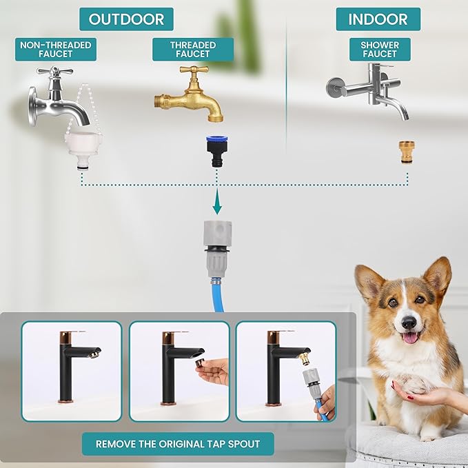 Belle Vous Dog Bath Hose Sprayer and Scrubber Attachment - Indoor/Outdoor Pet Bathing, Grooming and Washing - Pet Shower Brush with Garden Nozzle