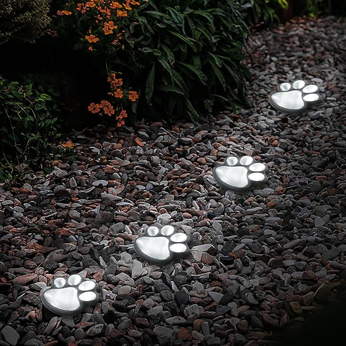 Animal Paw Print Solar Lights Outdoor Garden Decor, 4 Pack Paw Print Lights with Cord, IP55 Waterproof Yard Pathway Decor Light, Cold White Color Light, New Home Birthday Christmas Gift