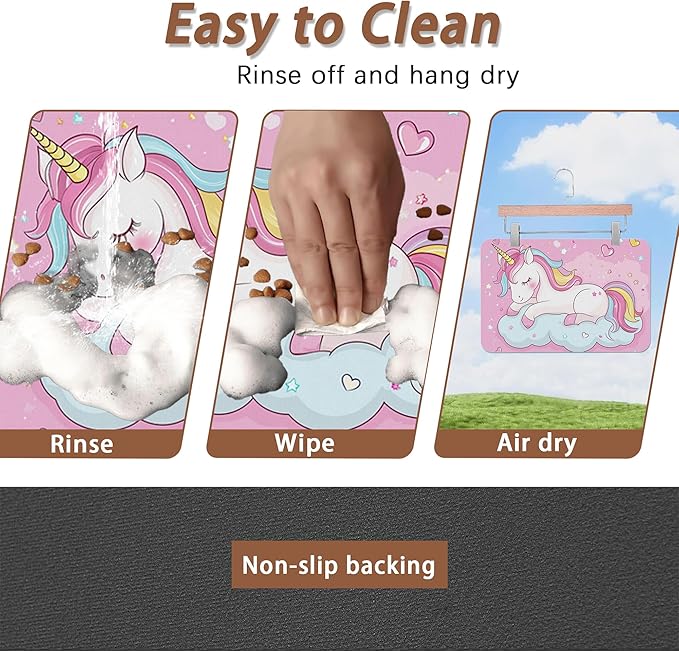 Cute Unicorn Dog Food Mat for Floors,Cloudy Pink Stars Absorbent Pet Food and Water Bowl Mats,Non-Slip Pet Feeding Mat,Pet Supplies 12" x 20"