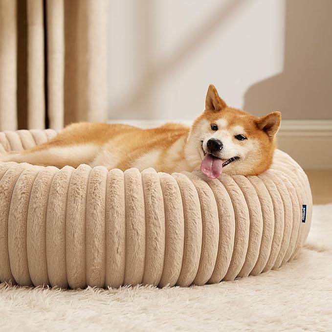 Bedsure ComfyFleece™ Donut Large Dog Bed - Washable Faux Fur with Corduroy Fleece & Anti Slip Bottom, Round Pet Bed with Removable Cover, Sandy Beige, 36x36x8 inches