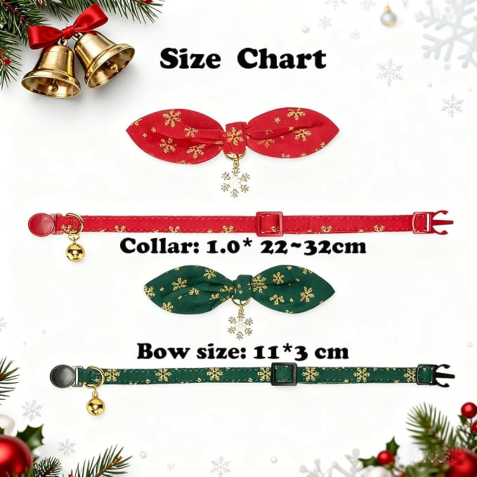 2 Pack Christmas Cat Collar with Bell and Removeable Bunny Bowtie,with Bling Snowflake Charm and Printing Pattern, Safety Breakaway Clasp, Adjustable for Kitten and Cats Green and Red.
