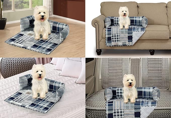 Brilliant Sunshine Quilted Calming Dog Bed Mat, Removable Washable Cover, Cushion Protector and Couch Covers for Dogs, Pets, Cats, Medium, Blue Plaids and Stripes Patchwork