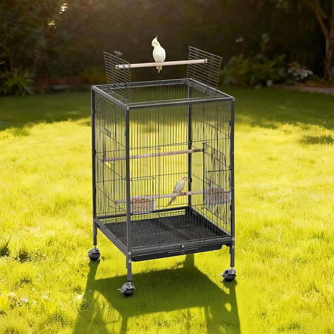 VEVOR Bird Cage, 18 x 18 x 30 inch, Open Flat Top, Wrought Iron Bird Flight Cage with Perches, Slide-Out Tray and Plastic Feeders, Casters, for Parrot, Blue Tit, Cockatiel, Canary, Budgerigar, Conure