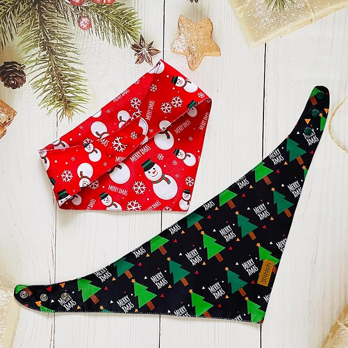 Christmas Dog Bandanas with Snap Button - 2 Pack Reversible Santa Claus Dog Scarf for Boy & Girl, Dog, Christmas Tree Holiday Bandana for Large and Extra Large Dogs (X-Large)