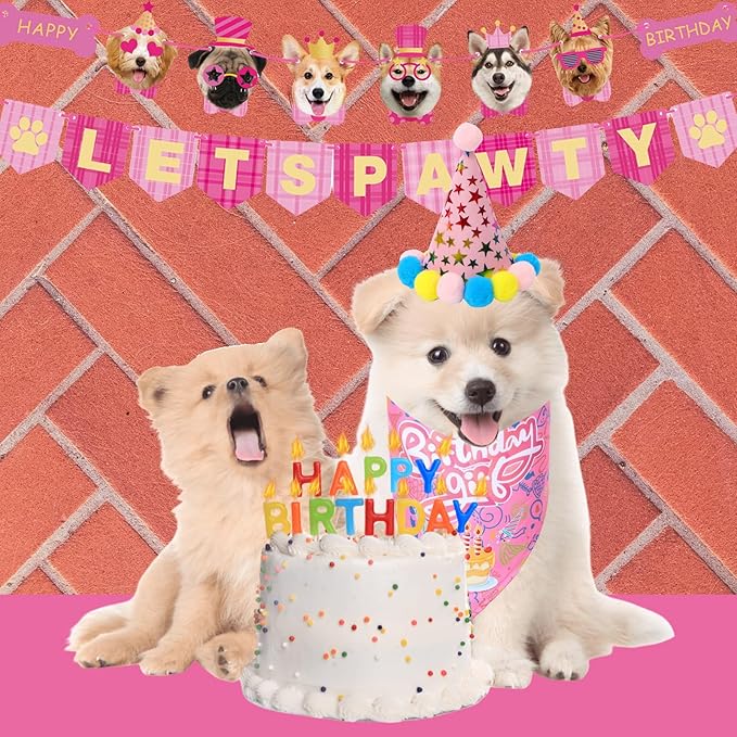 Happy Girl Dog Puppy Doggy Pet Birthday Burthday Party Supplies Hat Bandana Decorations Lets Pawty Banner Decor Dog Bowtie Gifts Outfit Stuff Accessories for Small Medium Large Dogs