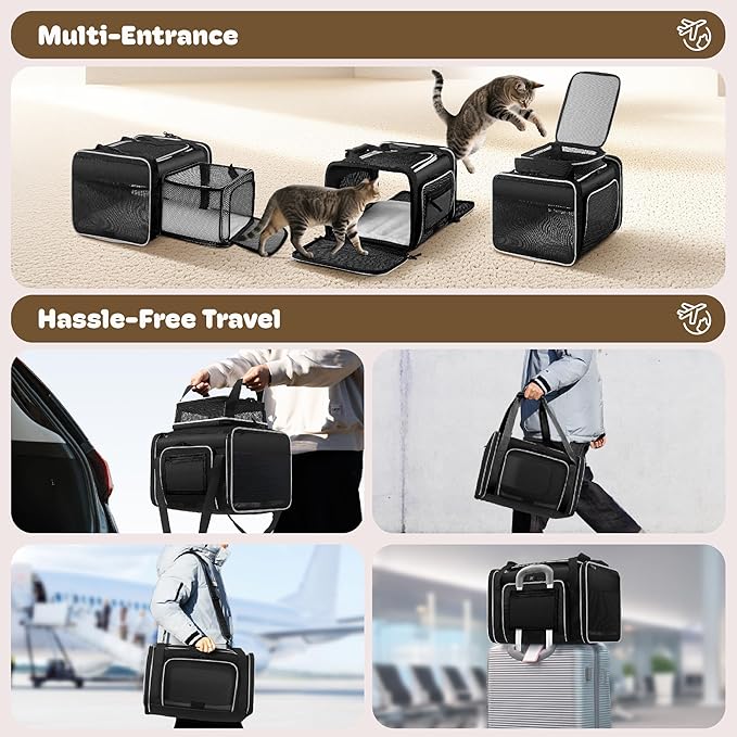 Top and 2 Sides Expandable Cat Carrier 18x11x11, TSA Airline Approved Dog Carriers for Small Dogs, Soft-Sided Pet Carrier with Self-Locking Zippers for Kitten,Rabbit, Puppy, Guinea Pig Black White