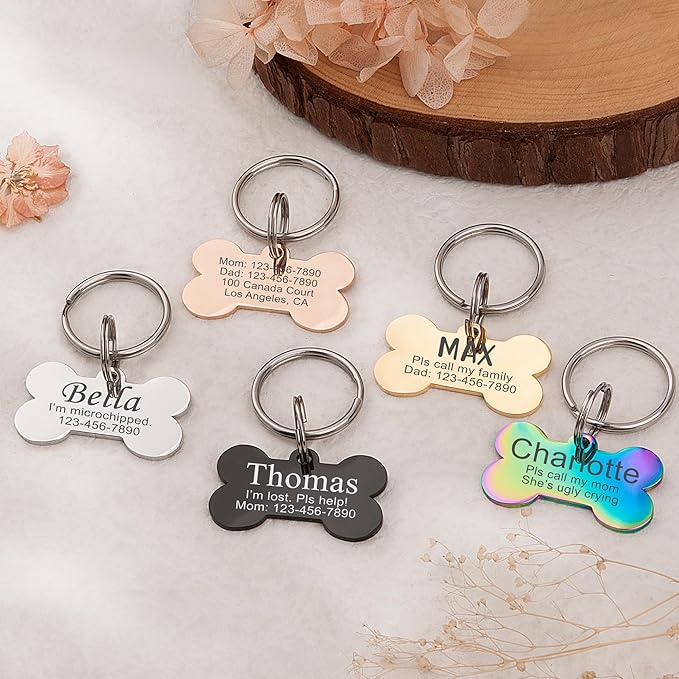Anavia Personalized Pet ID Tags, Stainless Steel Glossy Laser Engraved Dog Cat Collar Name Tags, Multiple Colors Shapes Sizes (Bone, Regular)
