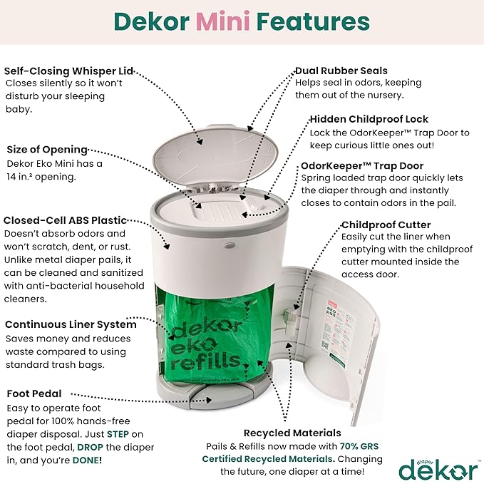 Diaper Dekor EKO MINI Diaper Pail, White, ONLY Eco-Friendly Diaper Pail Made with 70% Recycled Materials, Hands-Free: Step–Drop–Done, Cost-Effective Refill System