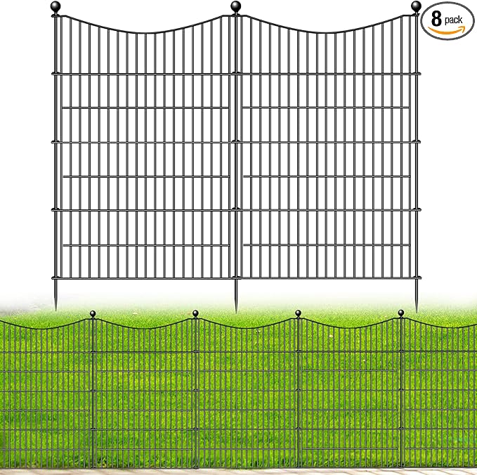 8 Panels No Dig Dog Fence Outdoor for Yard, 48 in(H) X 21 ft(L) Decorative Tall Garden Fence Animal Barrier, Rustproof Metal Wire Garden Edging and Borders, Temporary Fencing Stakes