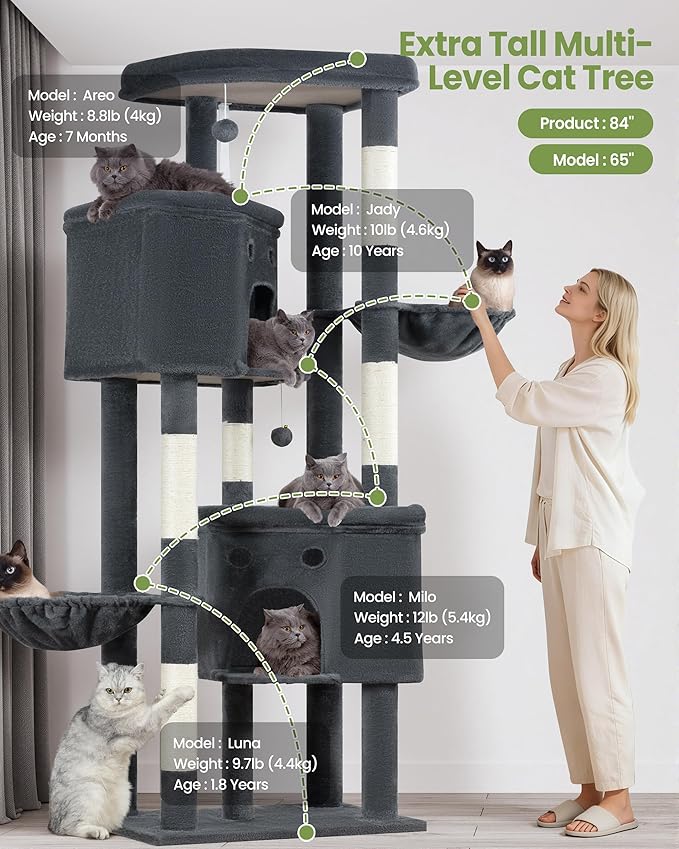 Extra Large Cat Tree, 84 Inch XXL Giant Cat Tower for Indoor Cats Large Adult 20lb+, Multi-Level Cat Climbing Condo with 5 Scratching Posts, 3 Wide Platform Perches, 2 Baskets, 2 Cat Caves, Dark Grey