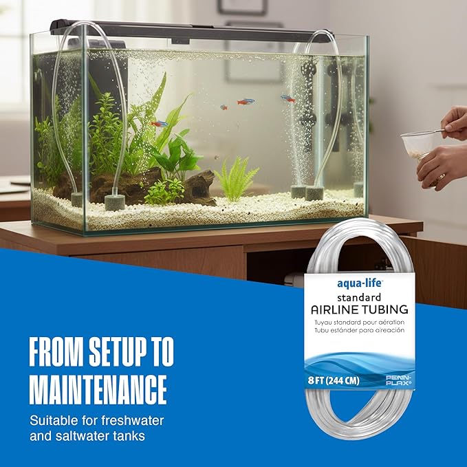 Penn-Plax Aqua-Life Standard Airline Tubing - 3/16 Inch Flexible Airline Hose for Aquarium Pumps, Fish Tank Line for Air Stones & Filters - Safe for Freshwater & Saltwater - 8 ft Long, Clear