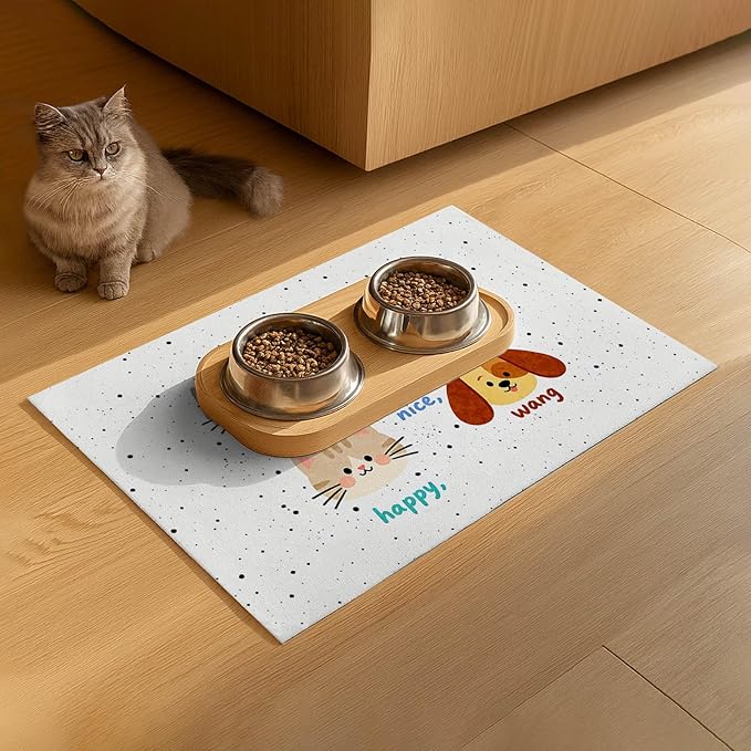 Pet Feeding Mat 24x16 inch Cat and Dog Print Meal Pad Non Slip Floor Mat for Food and Water Indoor Feeding Station Cute Pet Bowl Placemat for Small Cats and Dogs Kitchen Use
