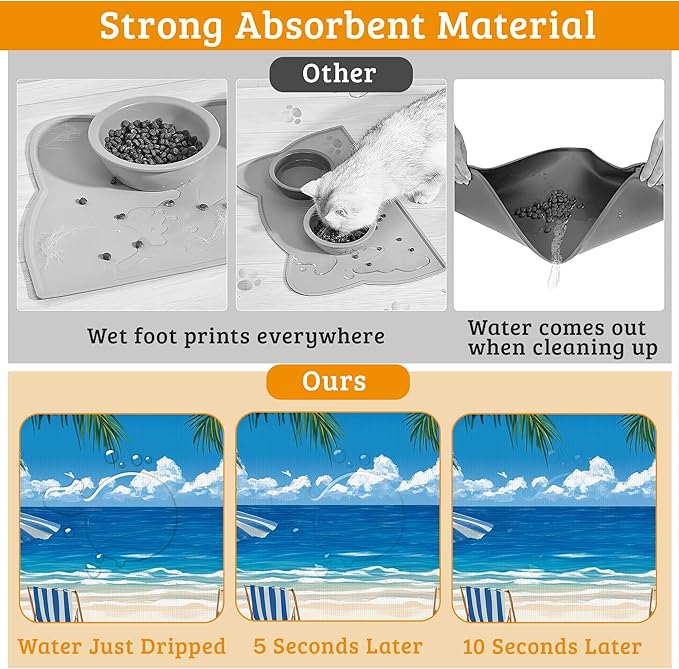 Pet Feeding Mat,Sea Beach Absorbent Dog Cat Food Mat Palm Tree Dog Mat with Rubber Backing,Non-Slip Water Bowl Placemat,Pet Supplies 16" x 24"