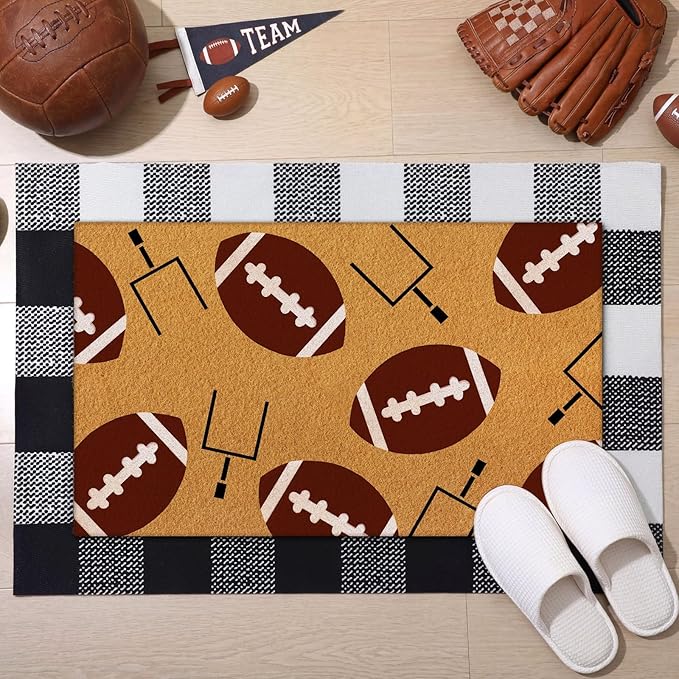 Tinideya 2 Pcs Football Theme Door Mat American Ball Design Welcome Non Slip Coir Mats Sports Floor Layering Doormats Seasonal for Front Porch Entryway Decor(Football Theme)