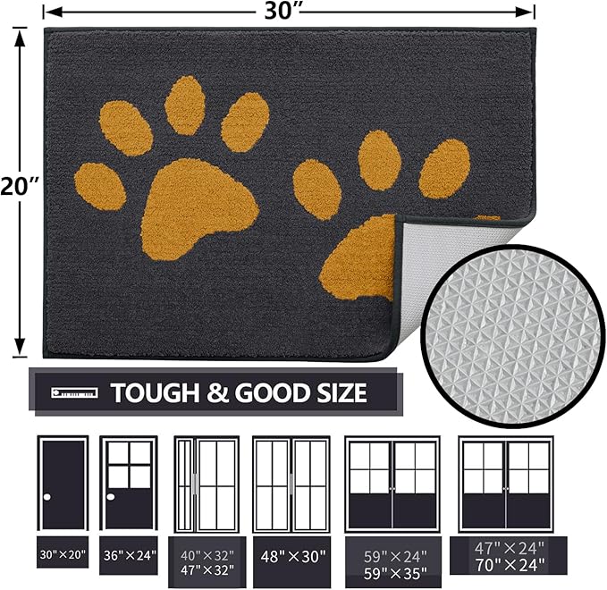 Buganda Dog Door Mat for Muddy Paws, Absorbent Dirt Trapper Washable Indoor Doormats, Non Slip Low-Profile Mud Mat for Dogs, Front Entrance Doormat for Inside Floor (30x20Inches,Dark Grey and Yellow)