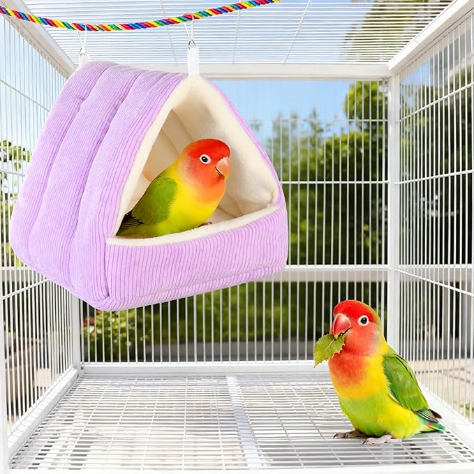 Winter Warm Bird Bed for Cage with Soft Plush Hanging Hammock & Hut Tent, Hideaway Sleeping Nest for Budgies, Cockatiels, Small Animals, and Guinea Pig Hideouts (Purple, S)