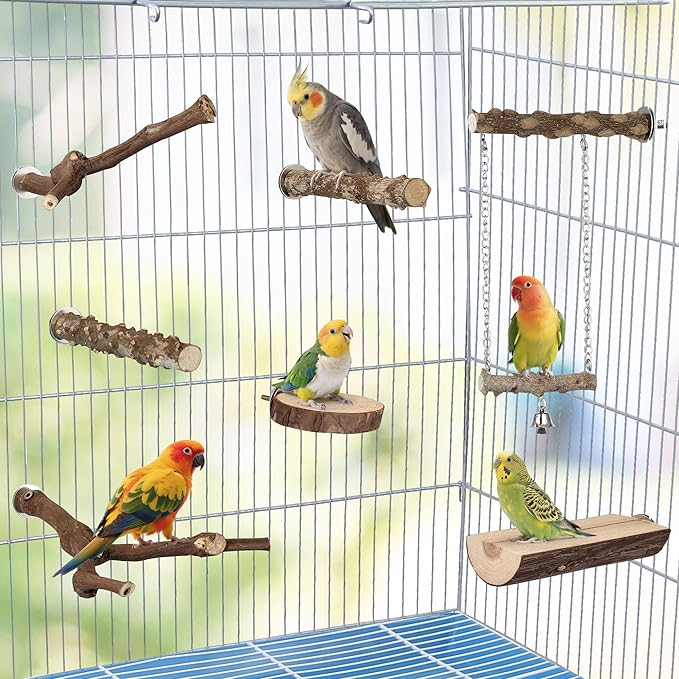 7PCS Bird Perches, Natural Wood Parrot Perch Stand, Bird Perch Chewing Stick Cage Accessories Hanging Multi-Branch Perch Platform Swing Toy for Parakeets, Cockatiels, Small Medium Birds
