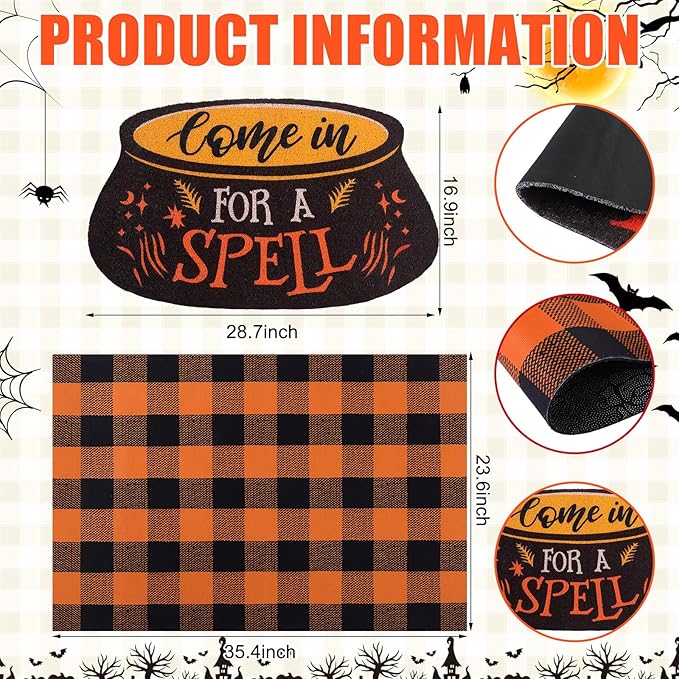 Tinideya 2 Pcs Halloween Door Mat Come in for A Spell Welcome Non Slip Coir Mats Funny Black Orange Buffalo Plaid Floor Layering Doormats Seasonal for Front Porch Entryway Decor(Come in for A Spell)