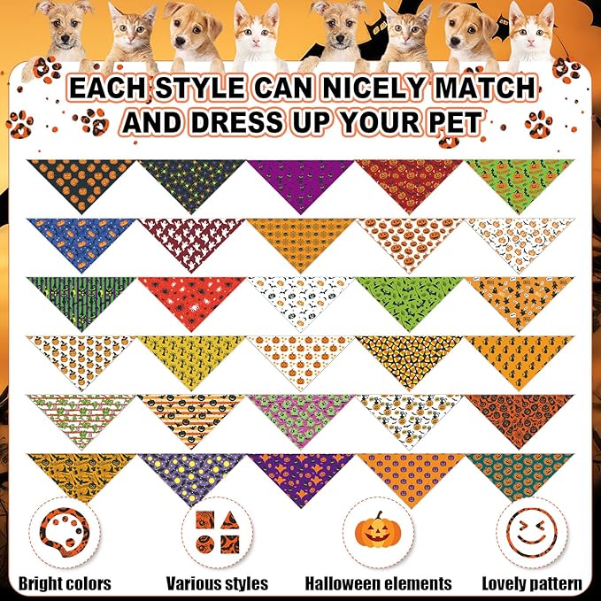 Sanwuta 120 Pcs Halloween Dog Bandanas Bulk Skeletons Pumpkin Bat Skull Ghost Spider Pet Costumes Scarf Washable Pet Scarves Adjustable Bibs for Small and Medium Pets, 30 Styles(Halloween)