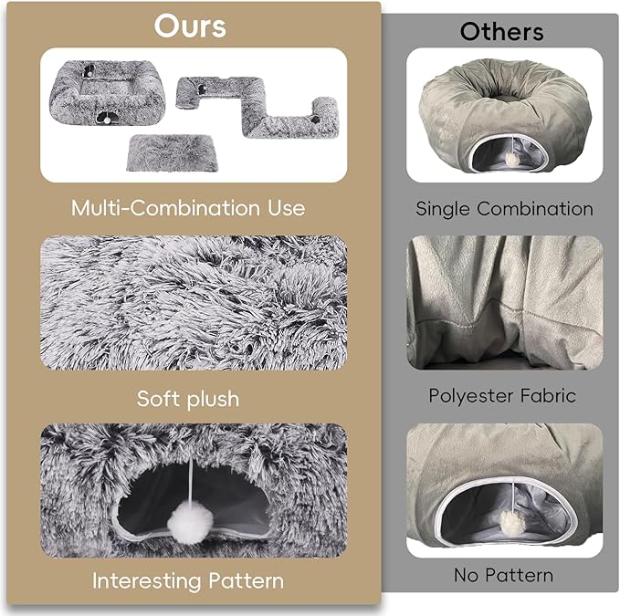 Extra Large Cat Tunnel Bed, 4 Ways Tunnels for Indoor Cats, Multi-cat Family Pet Bed & Cave, Plush Cat Donut with Washable Middle Mat, Exit Balls, Pet Play Toy for Kitten Puppy Rabbit, Dark Grey