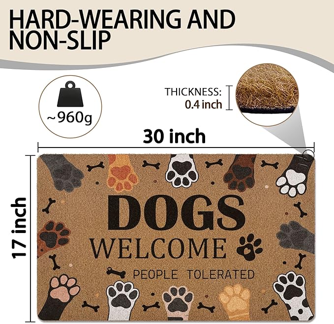 Dogs Welcome People Tolerated Door Mat, Cute Dog Paws Print Artificial Coir Front Door Mat Indoor Outdoor Entrance, Funny Dog Paw Welcome Doormat Rug for Porch Entryway Patio Decor, 17X30 Inch