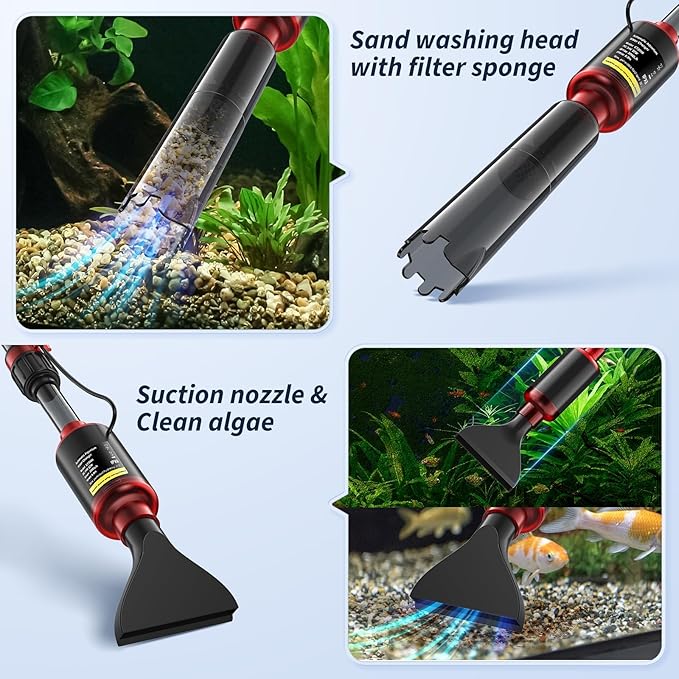 Fish Tank Cleaner, Aquarium Gravel Cleaner, 530GPH/32W Electric Fish Tank Cleaning Tools, Adjustable Water Flow Fish Tank Gravel Cleaner Vacuum, Aquarium Cleaner Kit for Water Chang, Wash Sand (Red)
