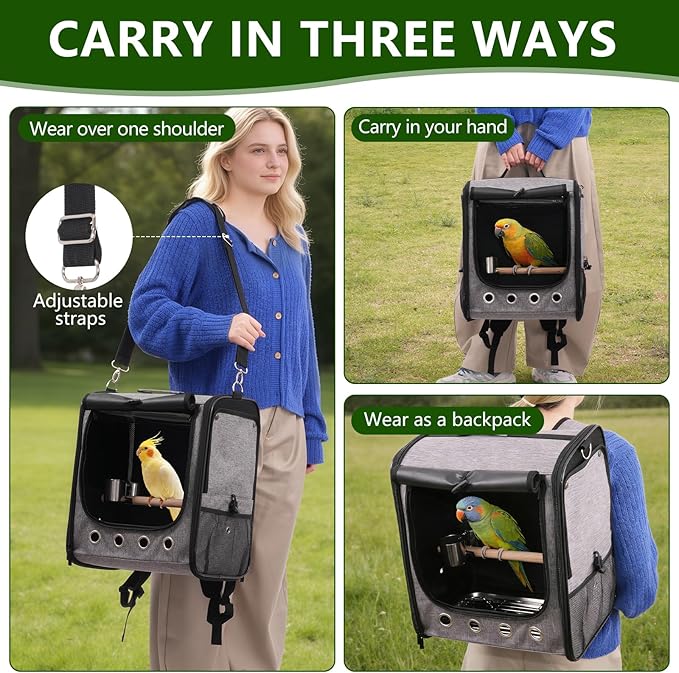 Foldable Bird Carrier Bag, Bird Backpack with Perch and Food Bowl, Stainless Steel Tray, A Portable Travel Bird Cage That is Easy to Clean, Pet Transparent Breathable Travel Cage