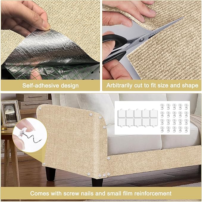 Cat Scratch Mat,118.5"x15.9" Trimmable Self-Adhesive Cats Scratch Carpet,Couch Protector from Cats Claw, Cat Scratch Furniture Protector, Indoor Furniture Protection for Chair, Wall, Sofa (Beige)