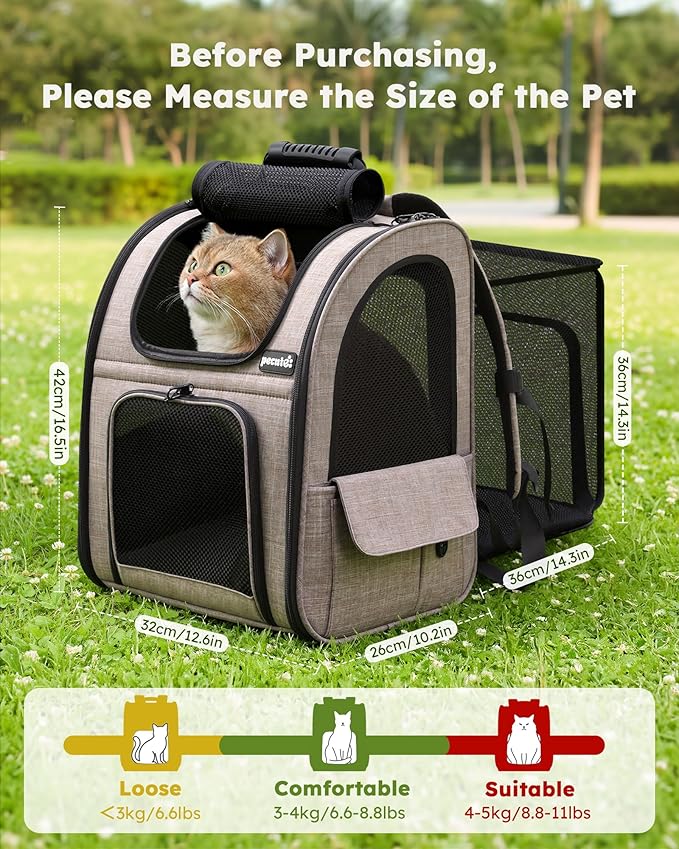 Pecute Cat Backpack Carrier Expandable, Pet Backpack for Cats & Small Dogs Up to 11lbs, with 4-Side Breathable Mesh, Multi-Entry & Lockable Zippers for Travel, Hiking, Camping - Hands Free, Khaki