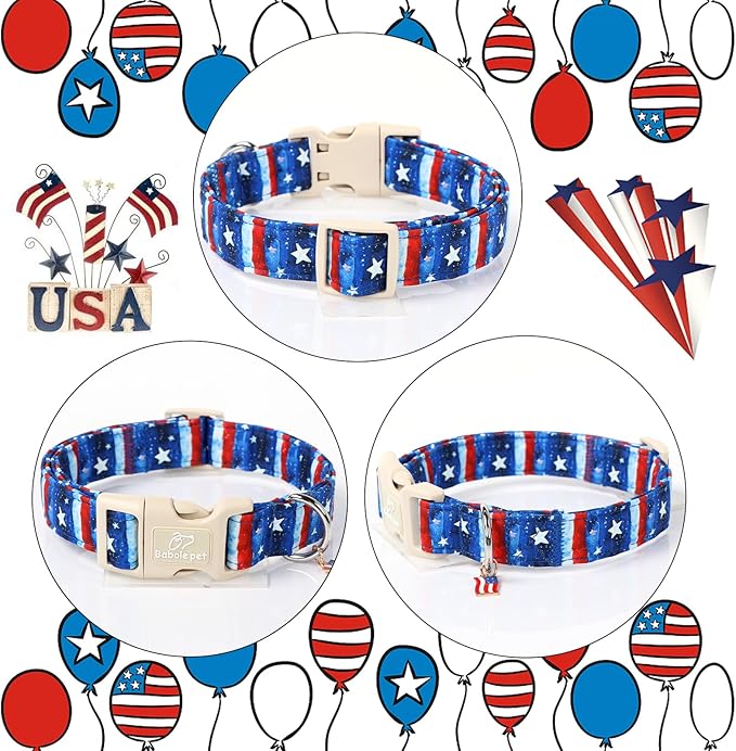 4th of July Dog Collar, Stars & Stripes Patriotic Dog Collars for Puppy Small Dogs, Adjustable Lightweight Quick-Release Buckle Collar for Boy&Girl Dogs XS