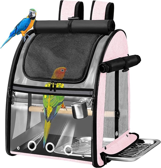 SUERTREE Bird Carrier Bag with Indestructible Stainless Steel Mesh, Bird Travel Cage with Stand, Easy to Clean Backpack for Parrot, Portable Bird Travel Bag, Pink