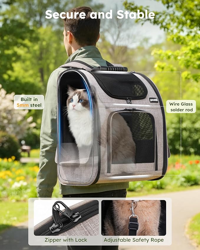 Pecute Cat Backpack Carrier XL, ExpandablePet Backpack for Cats & Small Dogs Up to 15lbs, with 4-Side Breathable Mesh, Multi-Entry & Lockable Zippers for Travel, Hiking, Camping - Hands Free, Khaki