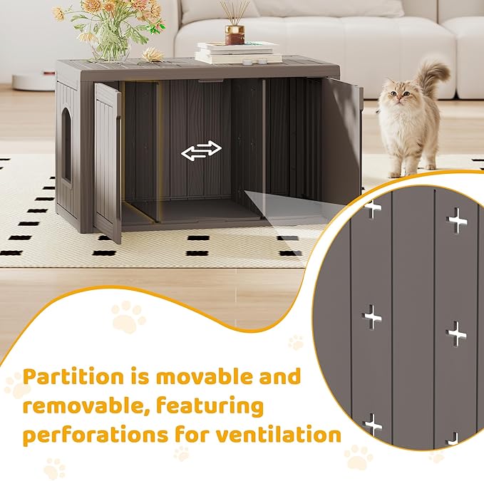 Cat Litter Box Enclosure, Multi-Functional Hidden Enclosed Litter Box Furniture with Adjustable Partition, Indoor Outdoor Cat House Weatherproof, Side Table, Easy to Clean & Assemble, Gray