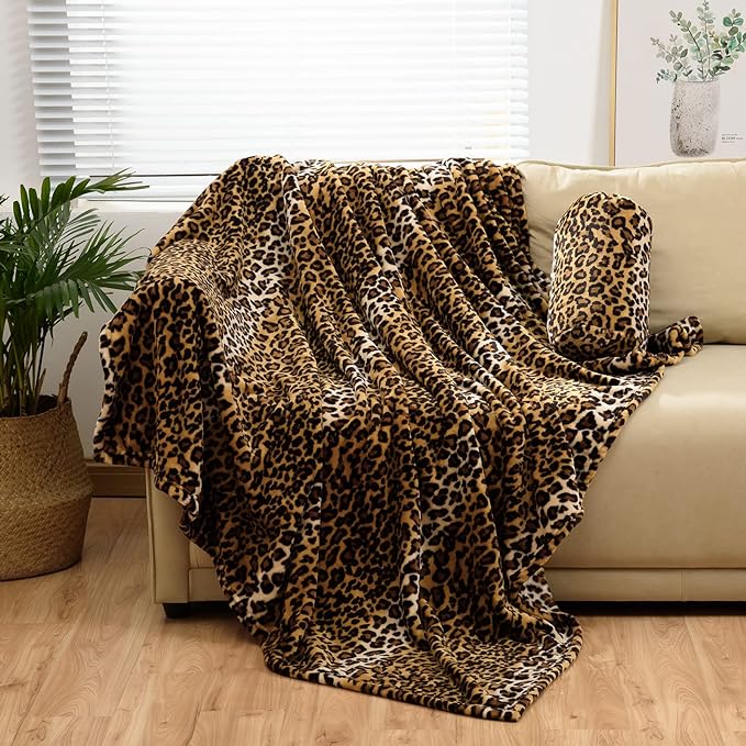 Bnuitland Leopard Print Flannel Twin Size Blanket with Storage Pouch for Bed Sofa Couch Travel, 300 GSM Double Sided Super Soft Fuzzy Fluffy Cheetah Print Blanket for Adults and Kids, 60x80 inch