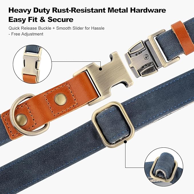 Plutus Pet Genuine Leather & Hemp Dog Collar – Adjustable Heavy Duty Pet Collar with Quick Release Metal Buckle, Soft & Stylish for Puppy and Small, Medium, Large Dogs (Blue, S)